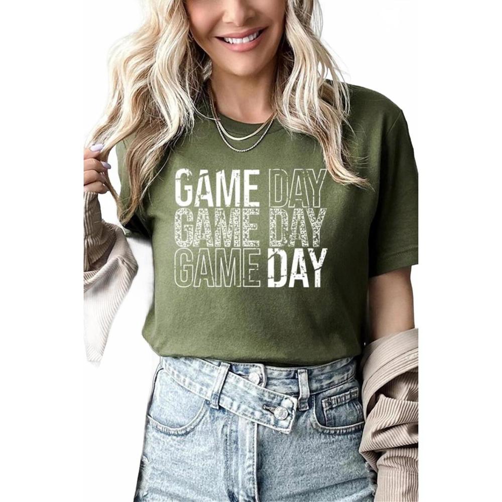 NEW CALI BOUTIQUE football tee game day stack graphic top in olive